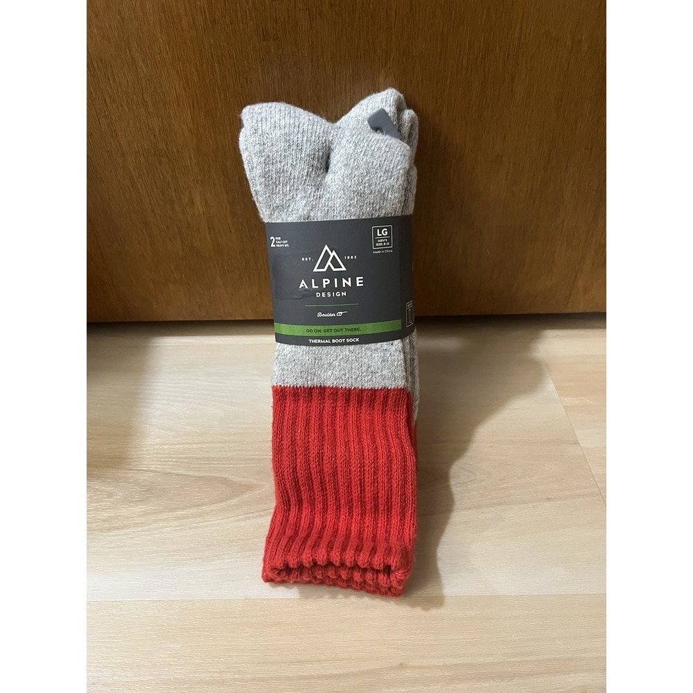 Alpine Design Men's Boot Socks - 2 Pack, Large, Light Heather Grey/Red Thermal‎